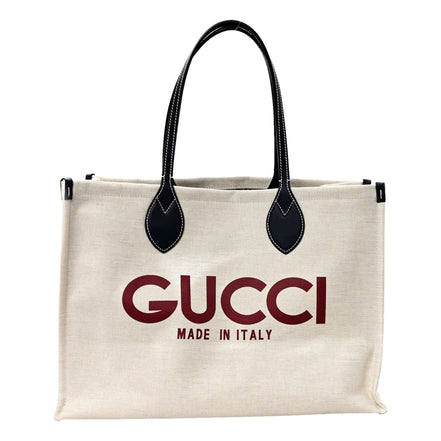 Gucci Supreme Canvas Beige Calfskin Logo Print Large Tote Bag Navy Multicolor available at Queen Bee of Beverly Hills