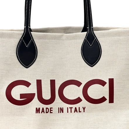 Gucci Supreme Canvas Beige Calfskin Logo Print Large Tote Bag Navy Multicolor available at Queen Bee of Beverly Hills