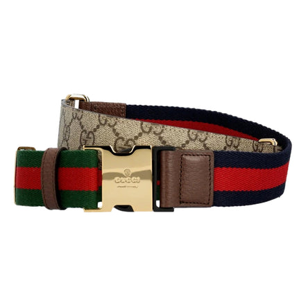 Gucci Supreme Canvas Dual Webstripe Gold Tone Buckle Belt 85 available at Queen Bee of Beverly Hills