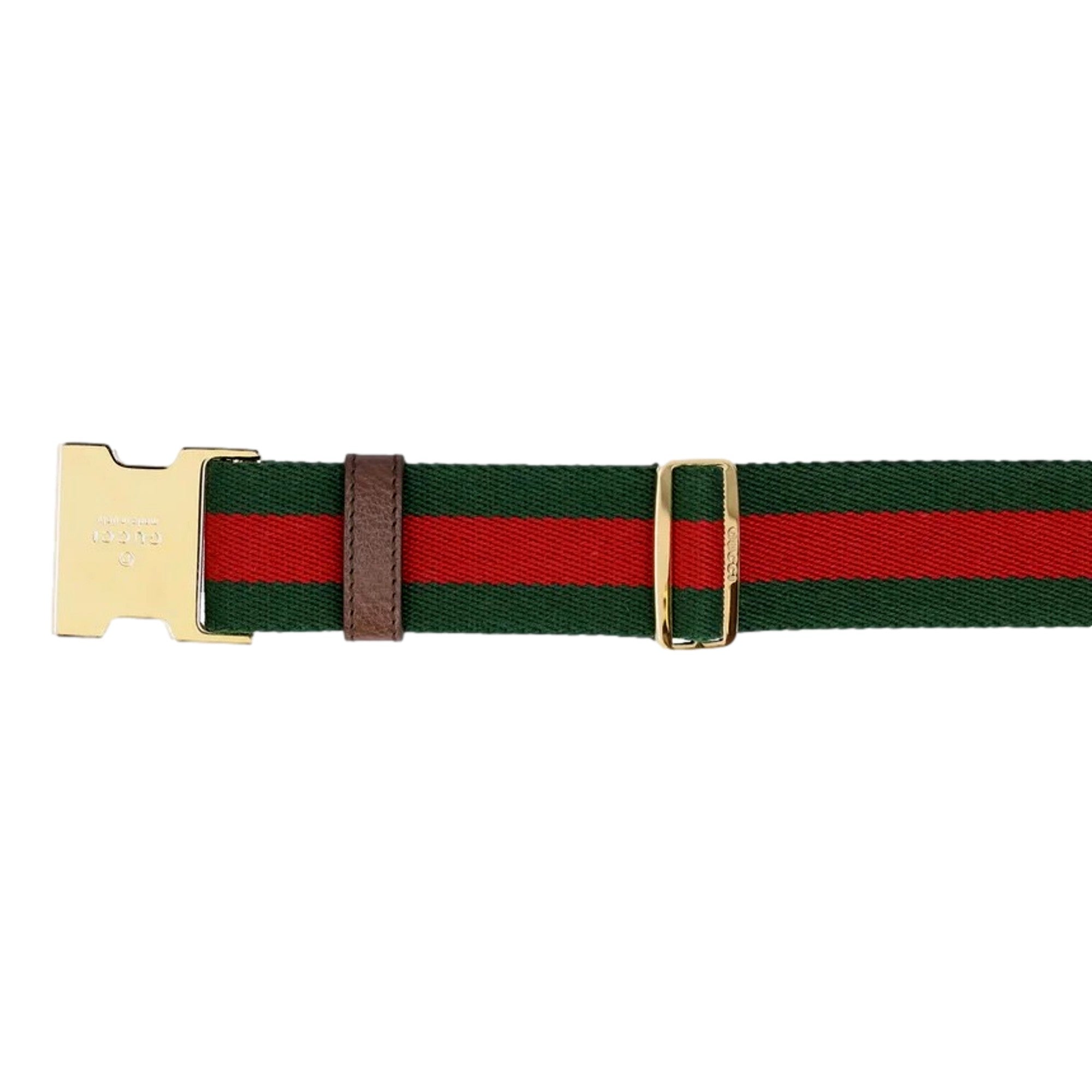 Gucci Supreme Canvas Dual Webstripe Gold Tone Buckle Belt 85 available at Queen Bee of Beverly Hills