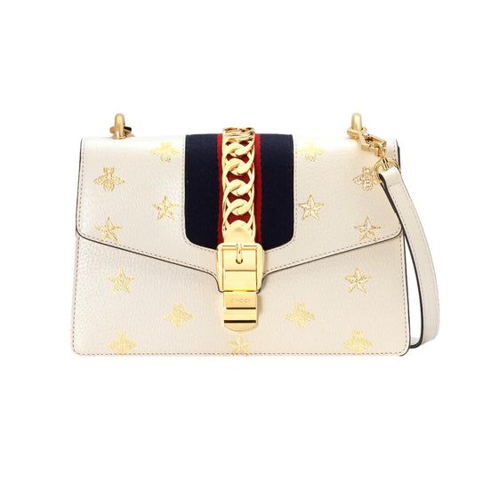 Gucci Sylvie Bee Star Ivory Leather Shoulder Bag available at Queen Bee of Beverly Hills