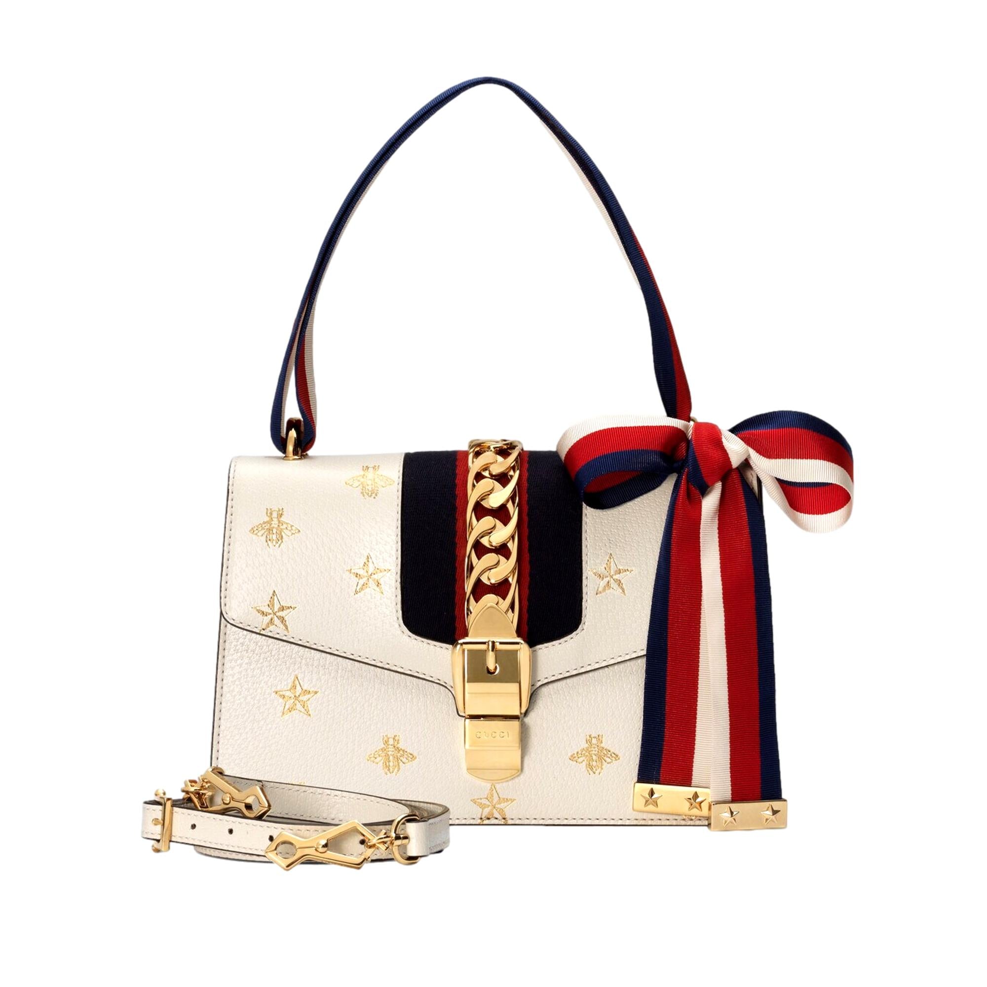 Gucci Sylvie Bee Star Ivory Leather Shoulder Bag available at Queen Bee of Beverly Hills