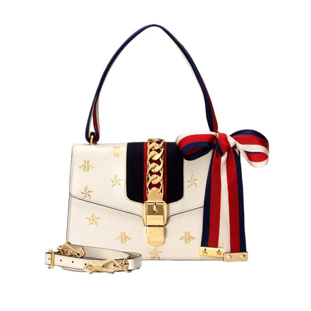 Gucci Sylvie Bee Star Ivory Leather Shoulder Bag available at Queen Bee of Beverly Hills
