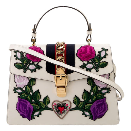 Gucci Sylvie Embroidered Off White Medium Top Handle Bag available at Queen Bee of Beverly Hills