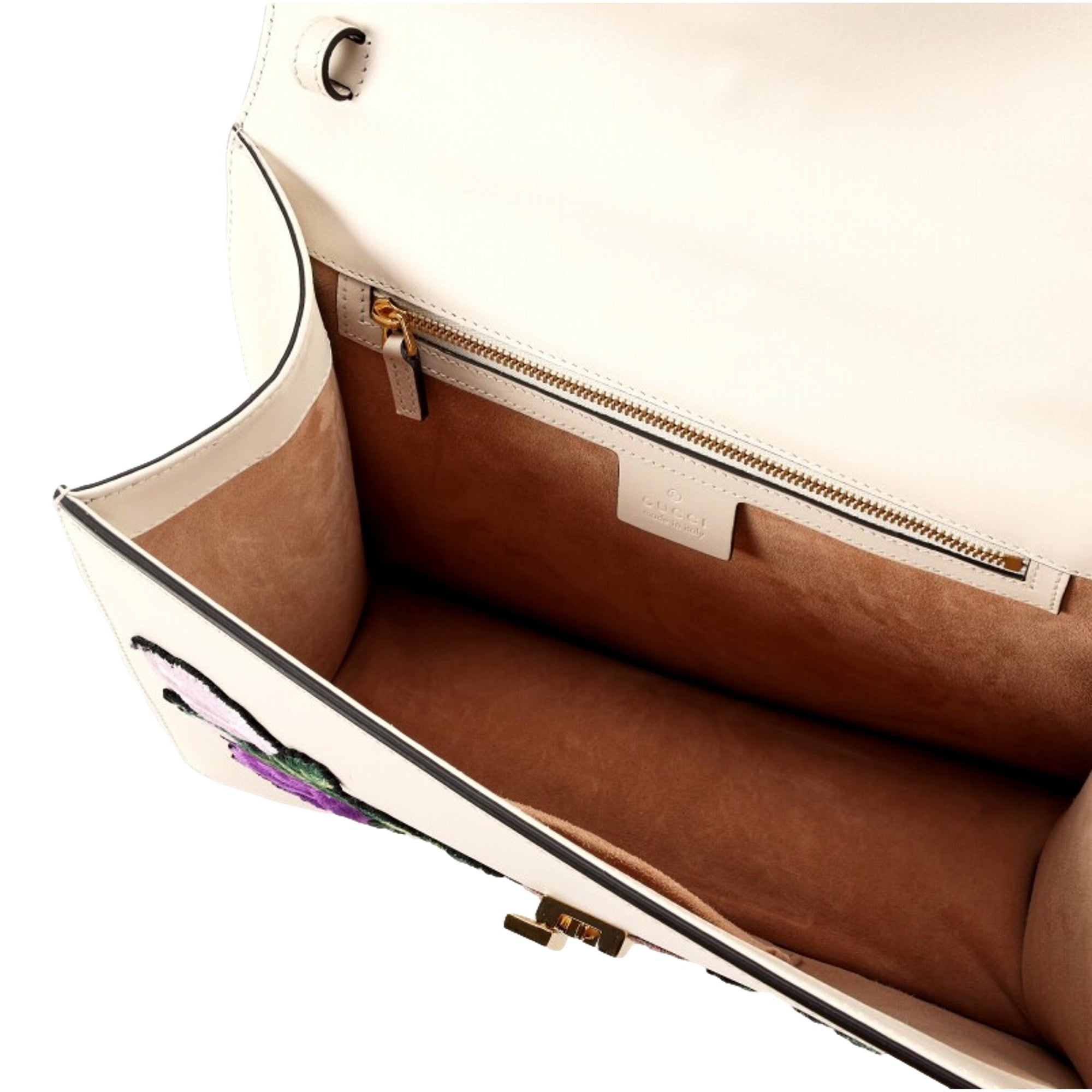 Gucci Sylvie Embroidered Off White Medium Top Handle Bag available at Queen Bee of Beverly Hills
