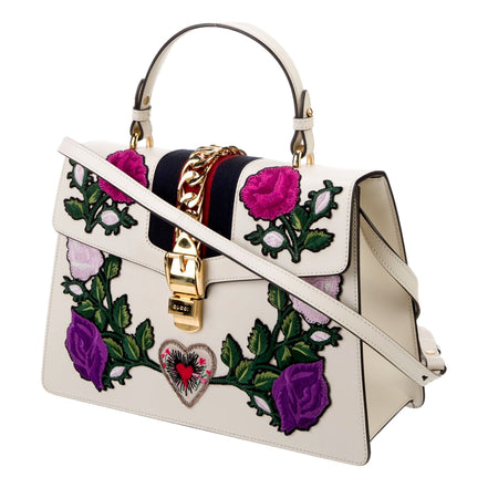 Gucci Sylvie Embroidered Off White Medium Top Handle Bag available at Queen Bee of Beverly Hills