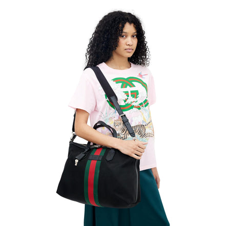 gucci canvas tote travel bag Gucci Techno Web Stripe Black Canvas Large Crossbody Duffle Bag