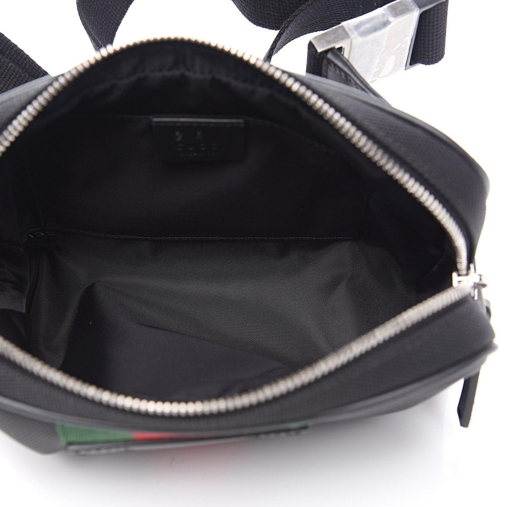 Gucci Techno Web Stripe Black Canvas Leather Trim Waist Belt Bag at_Queen_Bee_of_Beverly_Hills