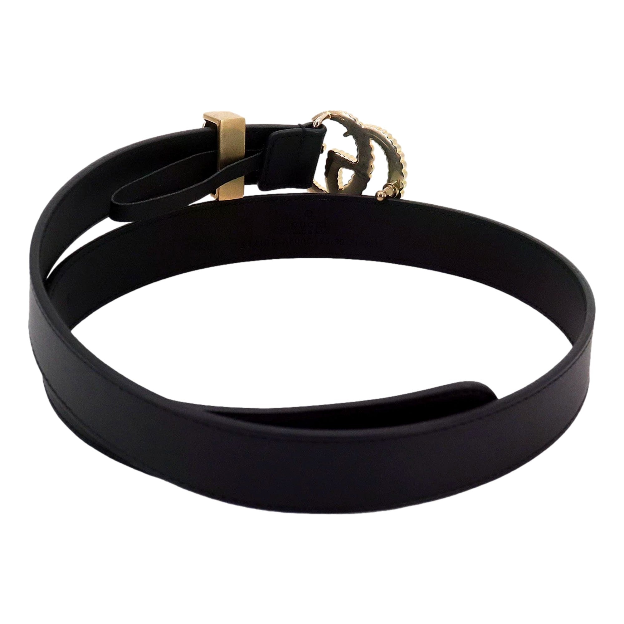 Gucci Black Leather Gold Double G Torchon Buckle Slim Belt 80/32 - available at Queen Bee of Beverly Hills.