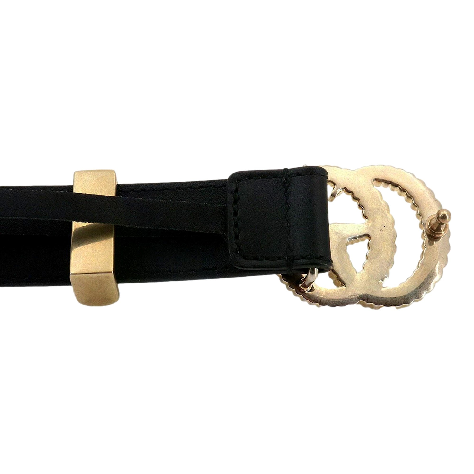 Gucci Black Leather Gold Double G Torchon Buckle Slim Belt 80/32 - available at Queen Bee of Beverly Hills.