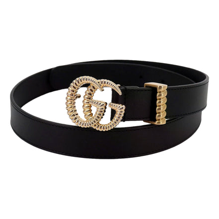 Gucci Black Leather Gold Double G Torchon Buckle Slim Belt 80/32 - available at Queen Bee of Beverly Hills.