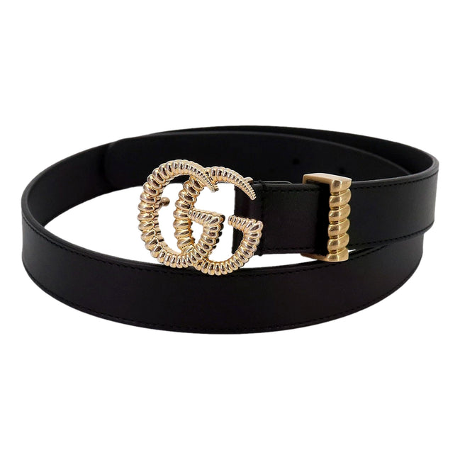 Gucci Black Leather Gold Double G Torchon Buckle Slim Belt 80/32 - available at Queen Bee of Beverly Hills.