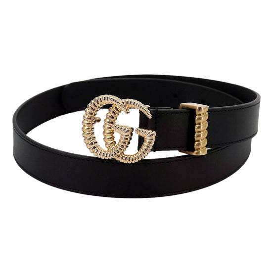 Gucci Black Leather Gold Double G Torchon Buckle Slim Belt 80/32 - available at Queen Bee of Beverly Hills.