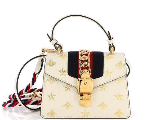 Gucci White Calfskin Mini Sylvie Bee Star Top Handle Bag at_Queen_Bee_of_Beverly_Hills
