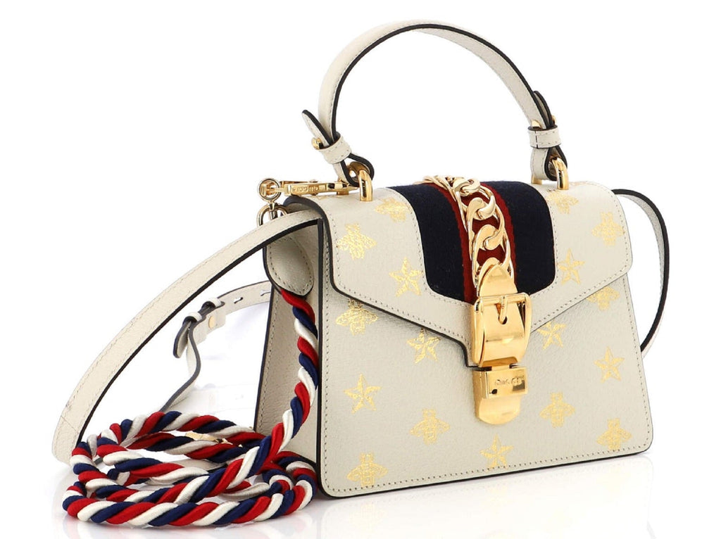 Authenticated Gucci Small Bee Star Sylvie Crossbody White Calf Leather Bag