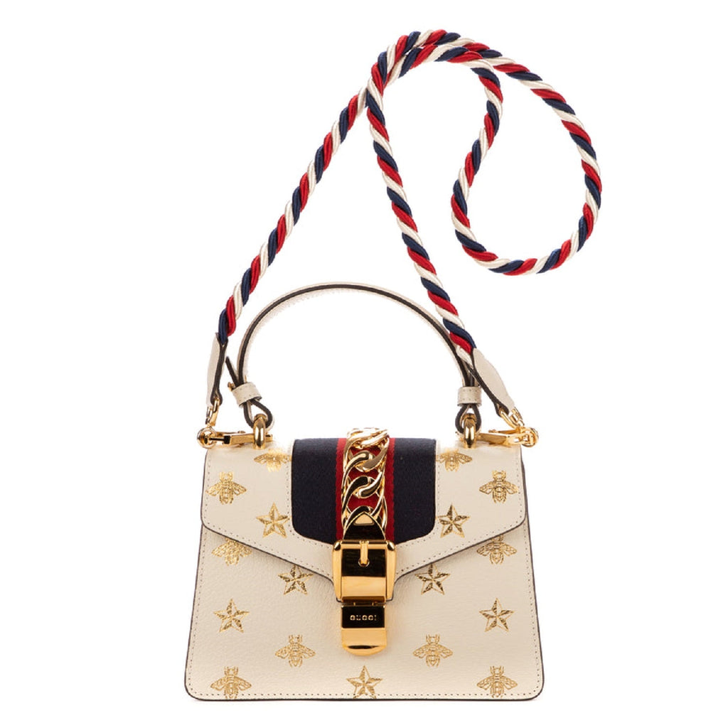 Gucci White Bee Star Print Leather Small Sylvie Web Chain Shoulder Bag Gucci