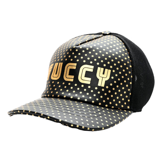 Gucci x Sega Guccy Stars Black Gold Leather Hat available at Queen Bee of Beverly Hills