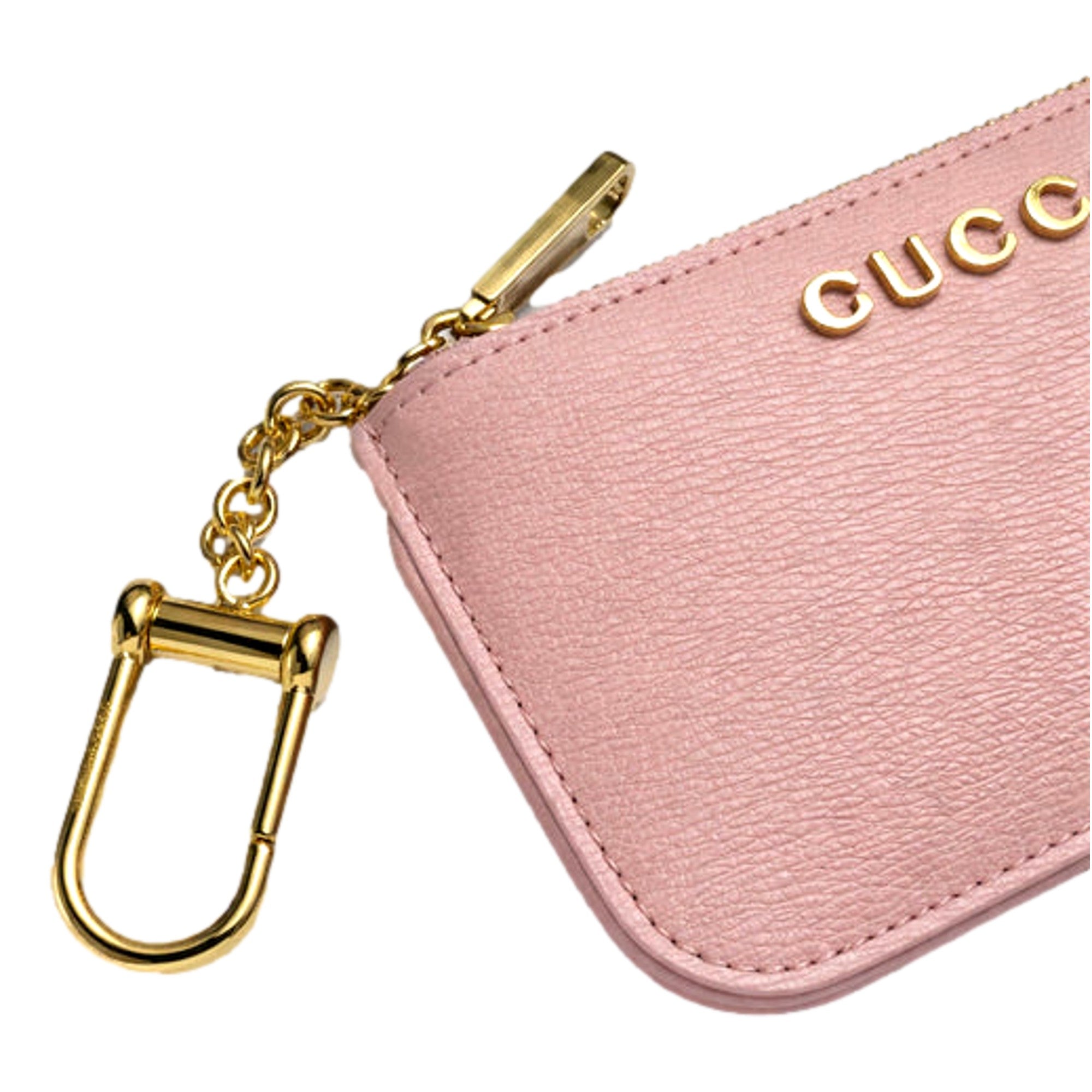 Gucci Zip Key Case Pink Leather Card Holder Gold Logo Script