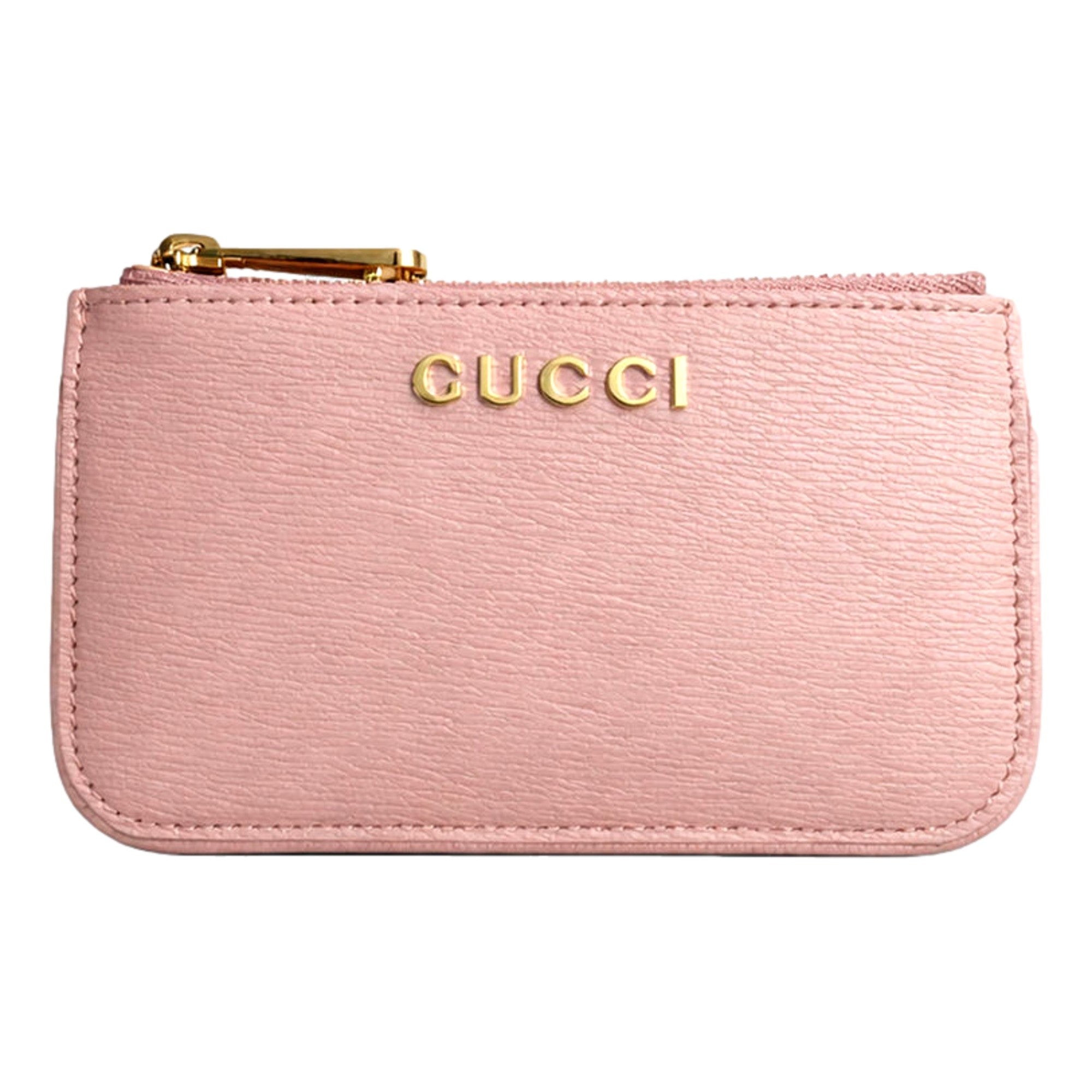 Gucci Zip Key Case Pink Gold Logo Script | Queen Bee of Beverly Hills