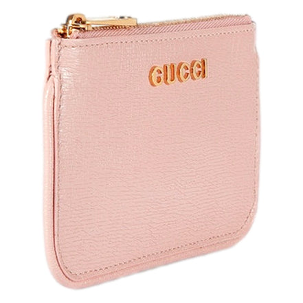 Gucci Zip Key Case Pink Leather Card Holder Gold Logo Script