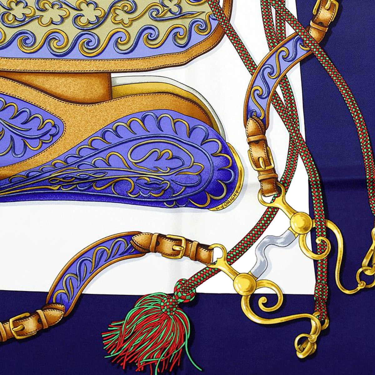 Hermès Festival Navy Blue & Gold Silk Square Scarf 90 by Henri d'Origny - available at Queen Bee of Beverly Hills. 
