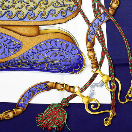 Hermès Festival Navy Blue & Gold Silk Square Scarf 90 by Henri d'Origny - available at Queen Bee of Beverly Hills. 