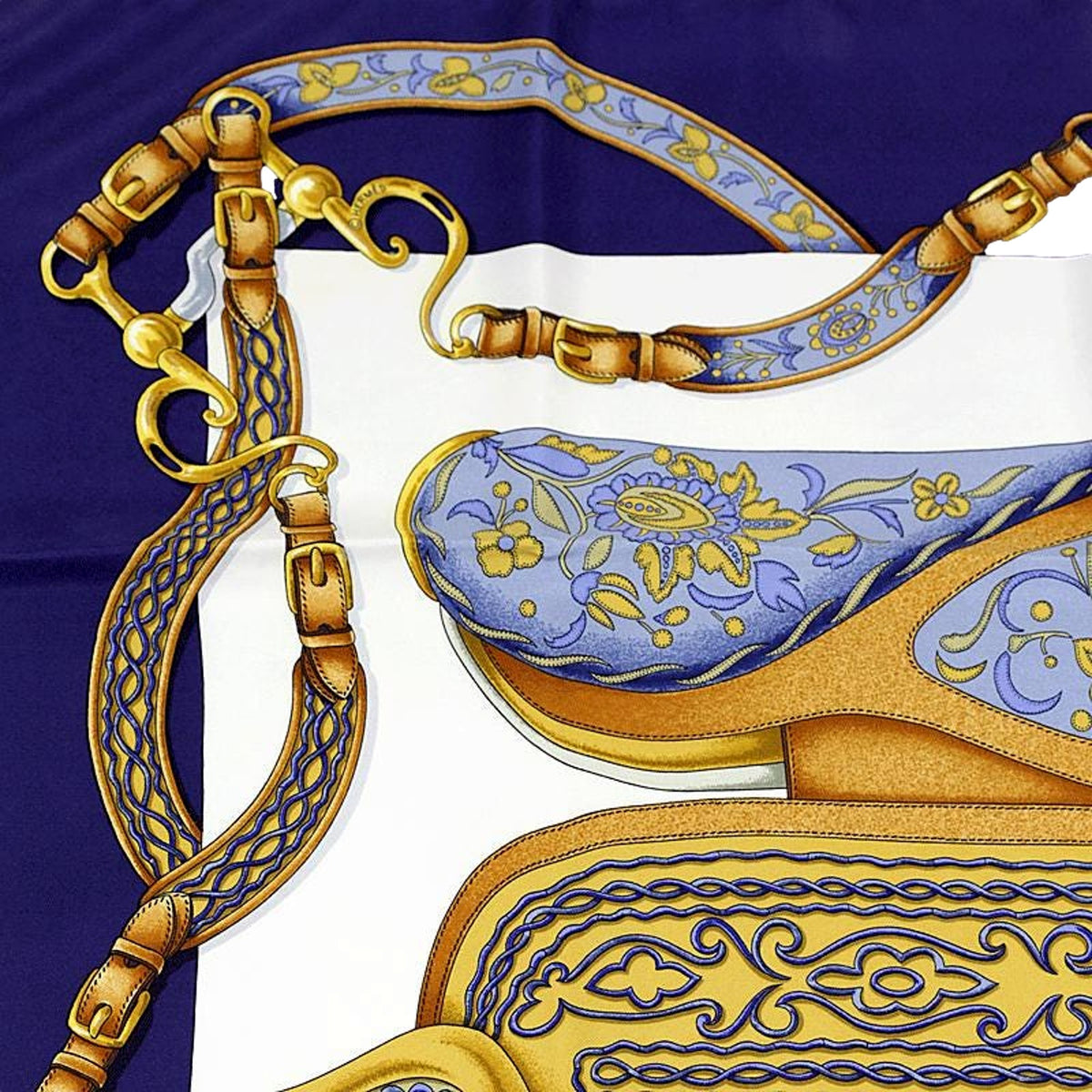 Hermès Festival Navy Blue & Gold Silk Square Scarf 90 by Henri d'Origny - available at Queen Bee of Beverly Hills. 
