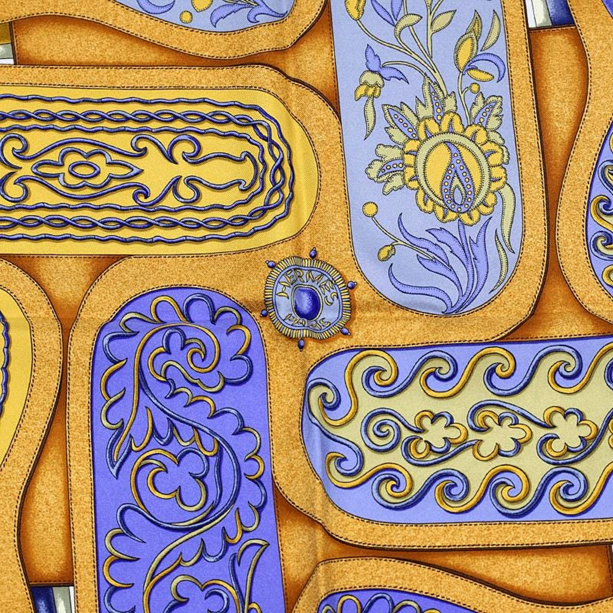 Hermès Festival Navy Blue & Gold Silk Square Scarf 90 by Henri d'Origny - available at Queen Bee of Beverly Hills. 