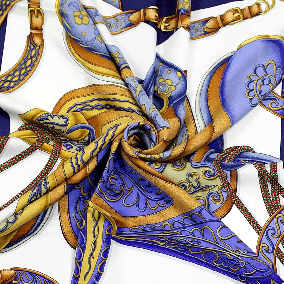 Hermès Festival Navy Blue & Gold Silk Square Scarf 90 by Henri d'Origny - available at Queen Bee of Beverly Hills. 