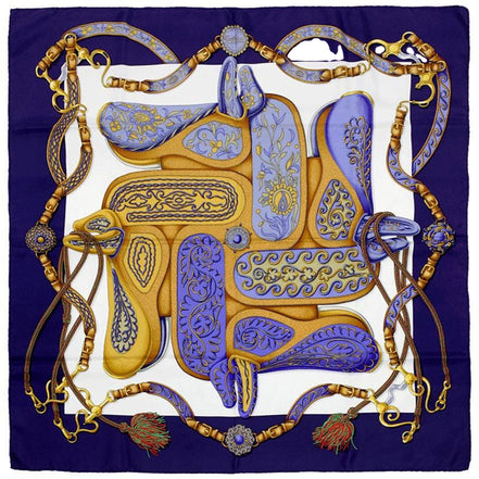 Hermès Festival Navy Blue & Gold Silk Square Scarf 90 by Henri d'Origny - available at Queen Bee of Beverly Hills. 