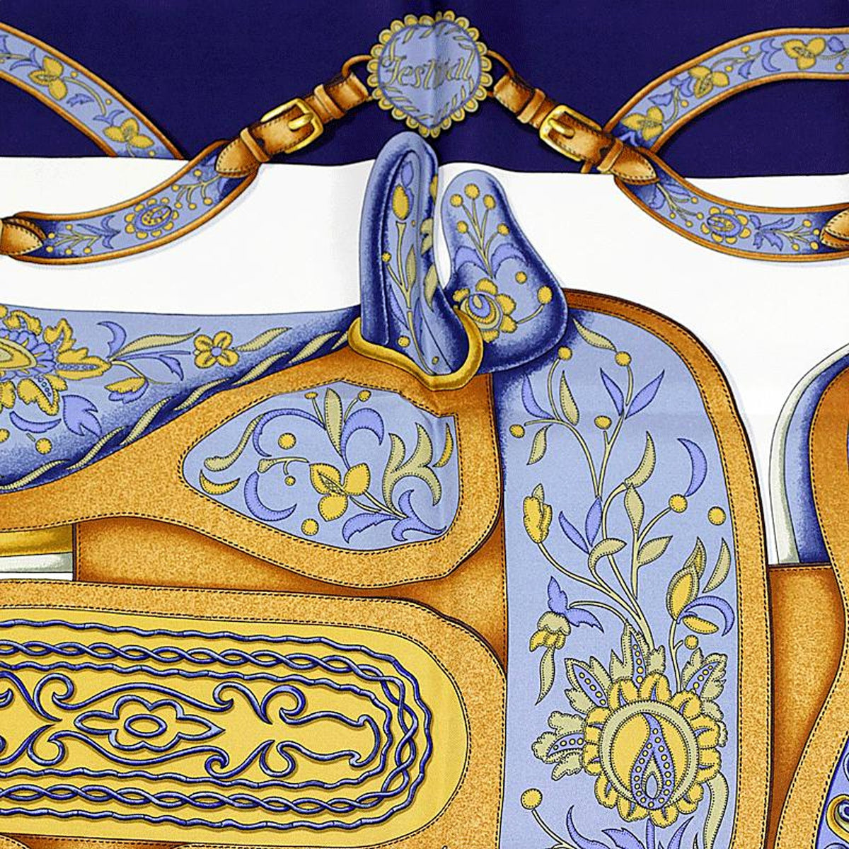 Hermès Festival Navy Blue & Gold Silk Square Scarf 90 by Henri d'Origny - available at Queen Bee of Beverly Hills. 