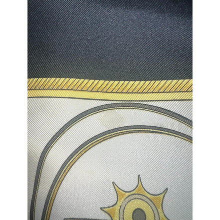 Hermes Les Voitures A Transformation Black and Gold Carriages Silk Scarf available at Queen Bee of Beverly Hills