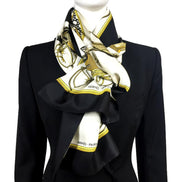Hermes Les Voitures A Transformation Black and Gold Carriages Silk Scarf available at Queen Bee of Beverly Hills