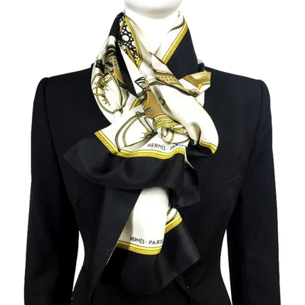 Hermes Les Voitures A Transformation Black and Gold Carriages Silk Scarf available at Queen Bee of Beverly Hills
