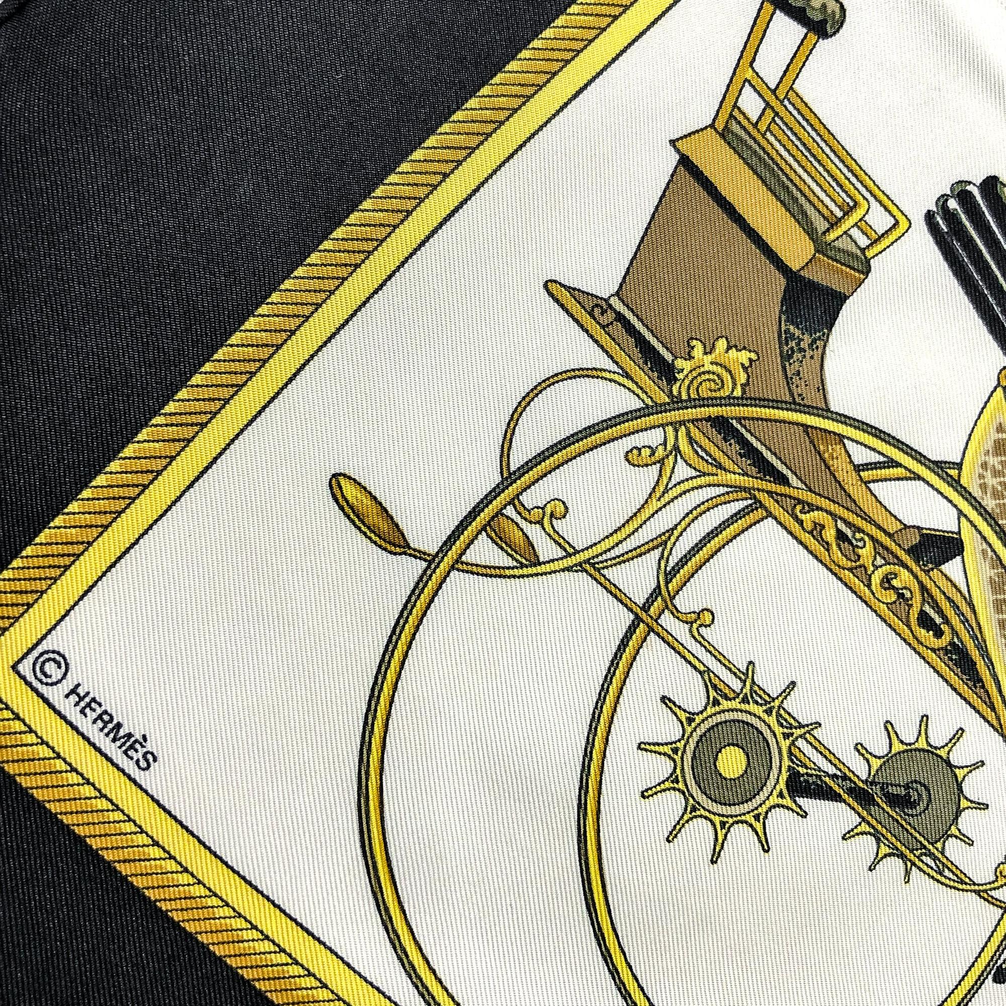 Hermes Les Voitures A Transformation Black and Gold Carriages Silk Scarf available at Queen Bee of Beverly Hills
