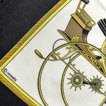 Hermes Les Voitures A Transformation Black and Gold Carriages Silk Scarf available at Queen Bee of Beverly Hills