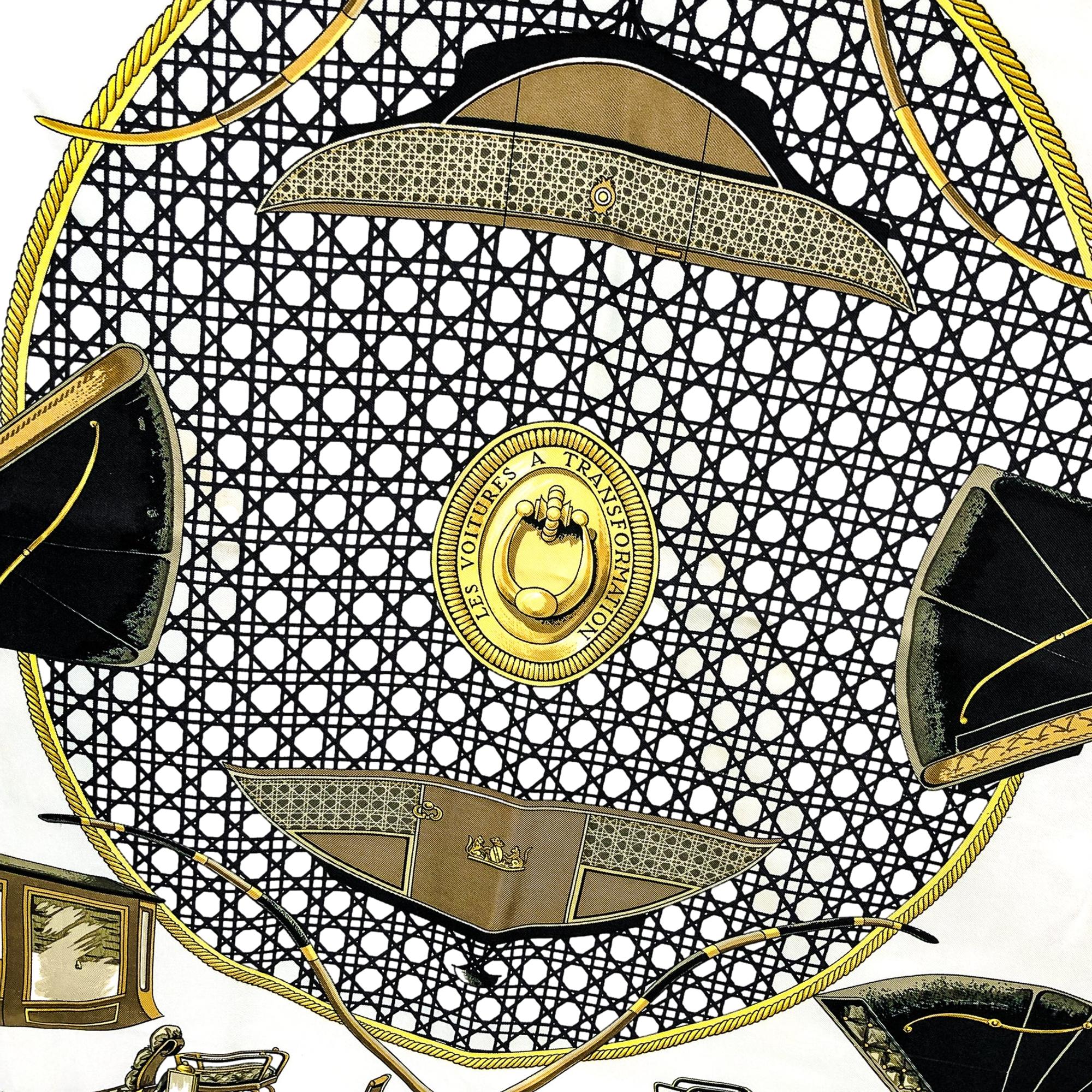 Hermes Les Voitures A Transformation Black and Gold Carriages Silk Scarf available at Queen Bee of Beverly Hills