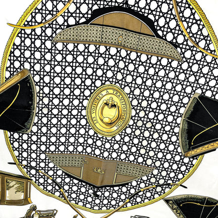 Hermes Les Voitures A Transformation Black and Gold Carriages Silk Scarf available at Queen Bee of Beverly Hills
