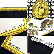 Hermes Les Voitures A Transformation Black and Gold Carriages Silk Scarf available at Queen Bee of Beverly Hills