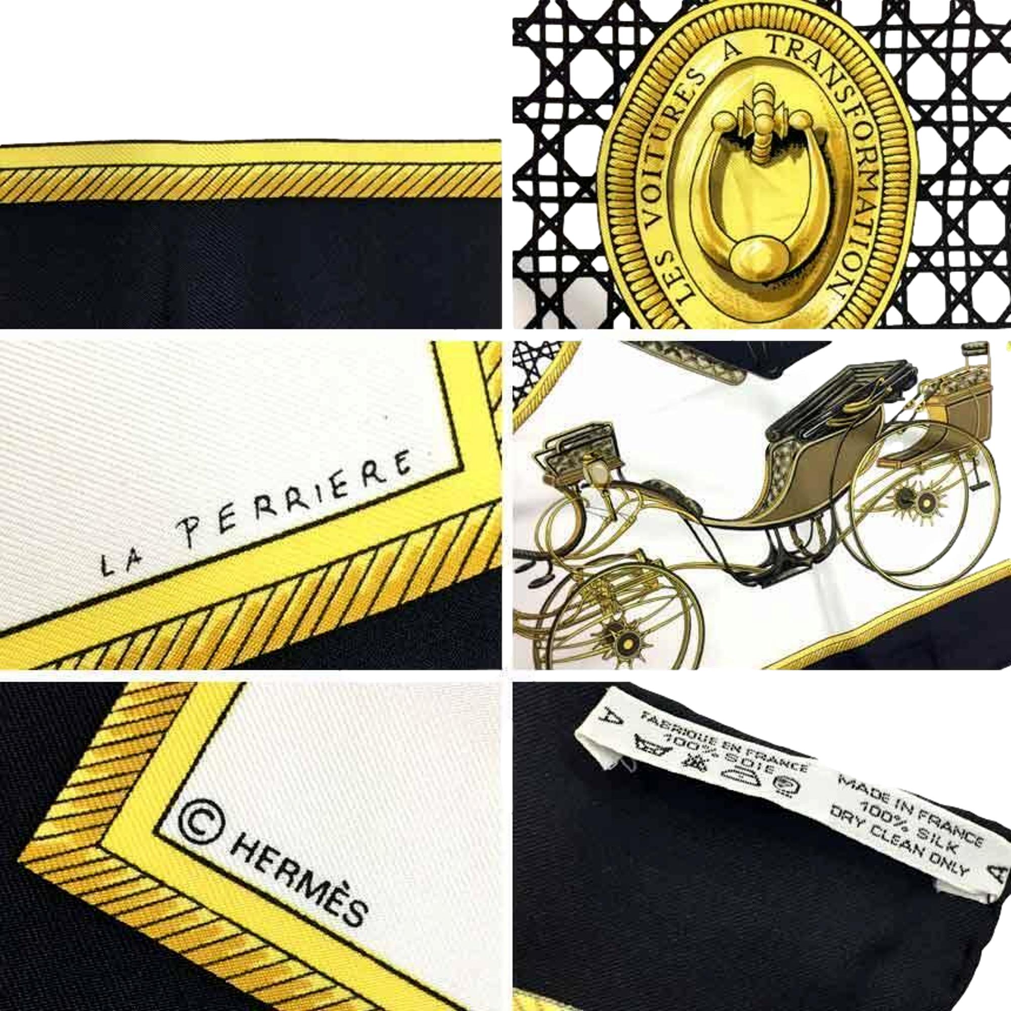 Hermes Les Voitures A Transformation Black and Gold Carriages Silk Scarf available at Queen Bee of Beverly Hills