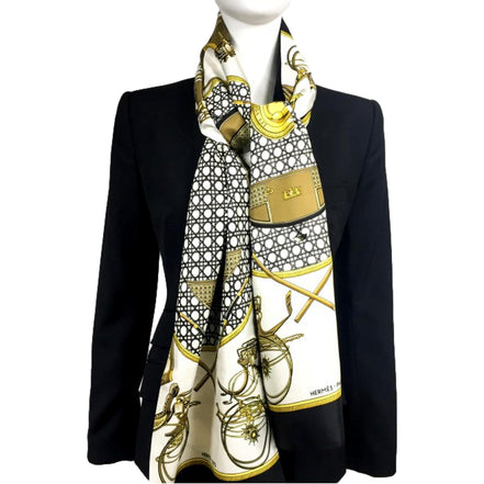 Hermes Les Voitures A Transformation Black and Gold Carriages Silk Scarf available at Queen Bee of Beverly Hills