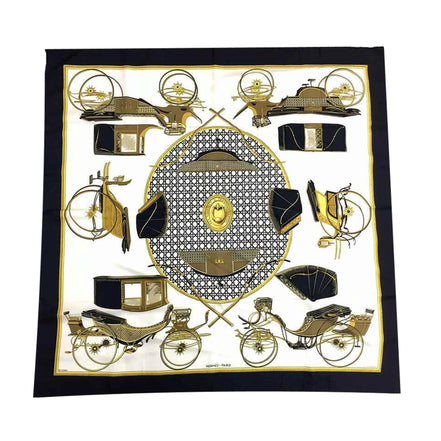 Hermes Les Voitures A Transformation Black and Gold Carriages Silk Scarf available at Queen Bee of Beverly Hills