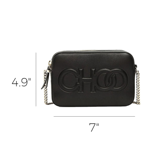 Jimmy Choo Balti Embossed Black Leather Camera Crossbody Bag available at Queen Bee of Beverly Hills