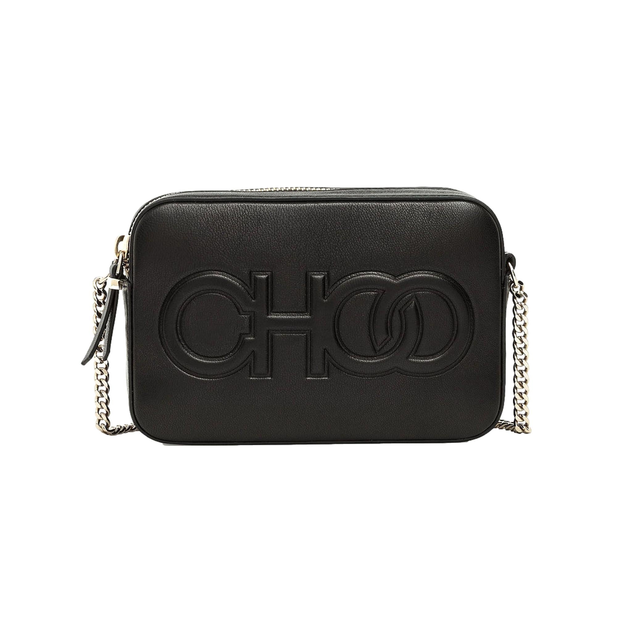 Jimmy Choo Balti Embossed Black Leather Camera Crossbody Bag available at Queen Bee of Beverly Hills