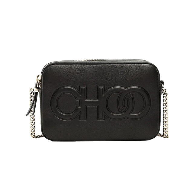 Jimmy Choo Balti Embossed Black Leather Camera Crossbody Bag available at Queen Bee of Beverly Hills