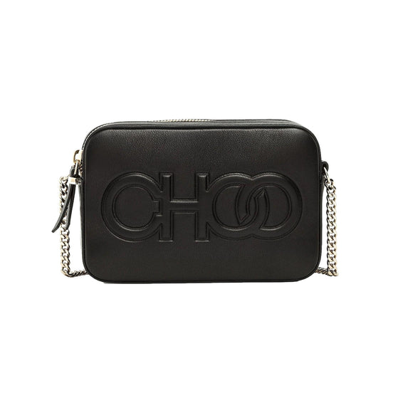 Jimmy Choo Balti Embossed Black Leather Camera Crossbody Bag available at Queen Bee of Beverly Hills