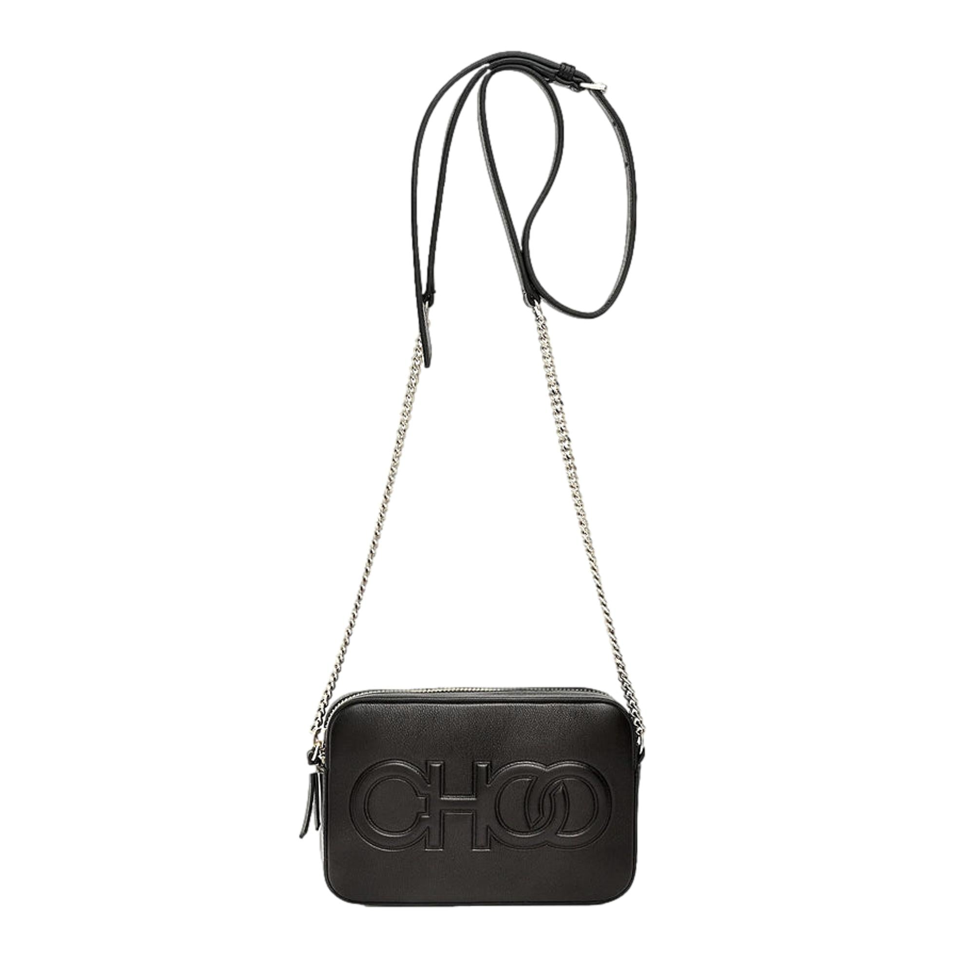 Jimmy Choo Balti Embossed Black Leather Camera Crossbody Bag available at Queen Bee of Beverly Hills