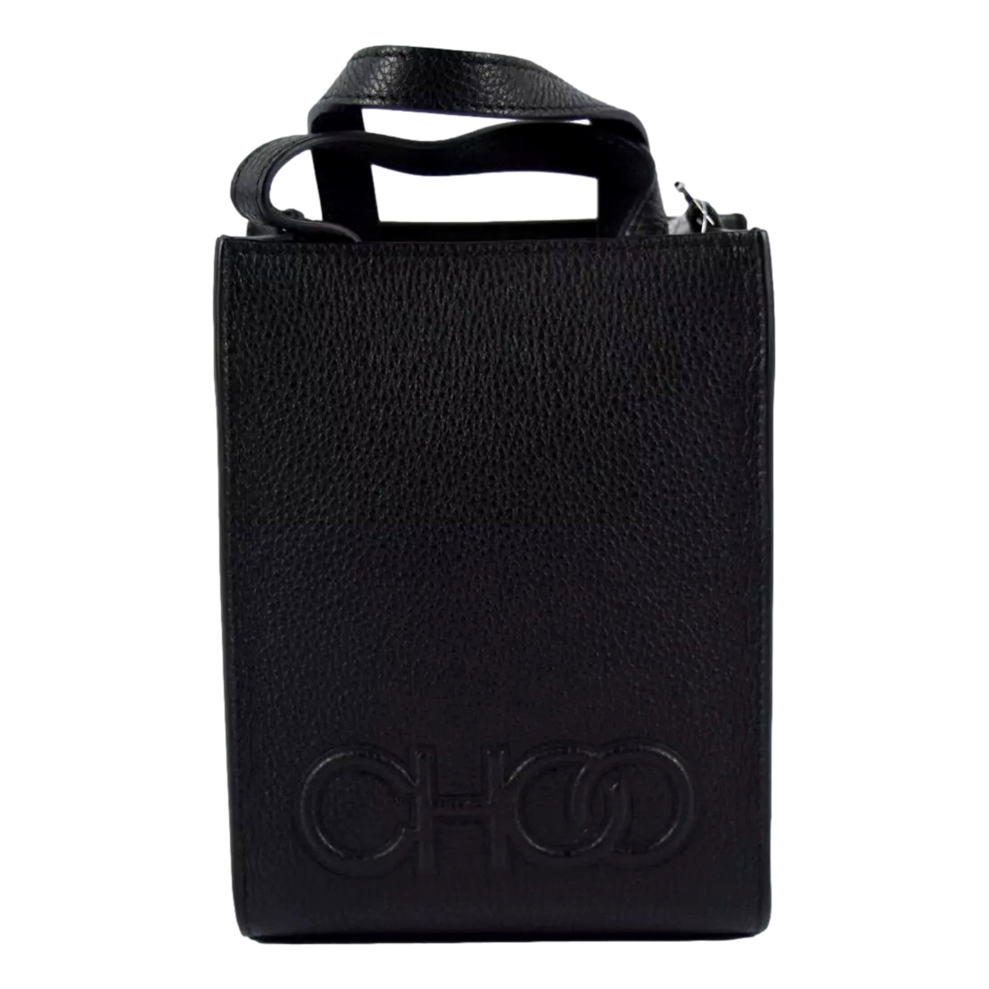 Jimmy Choo Black Leather Mini Shopper Handbag Crossbody Embossed Logo available at Queen Bee of Beverly Hills