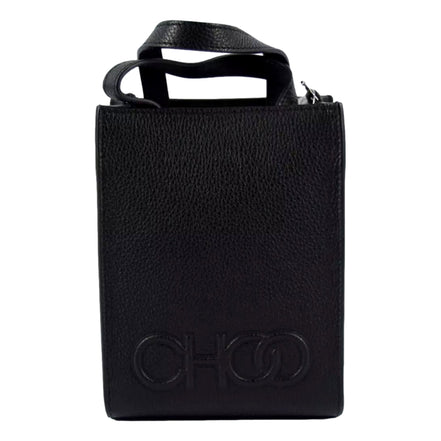 Jimmy Choo Black Leather Mini Shopper Handbag Crossbody Embossed Logo available at Queen Bee of Beverly Hills