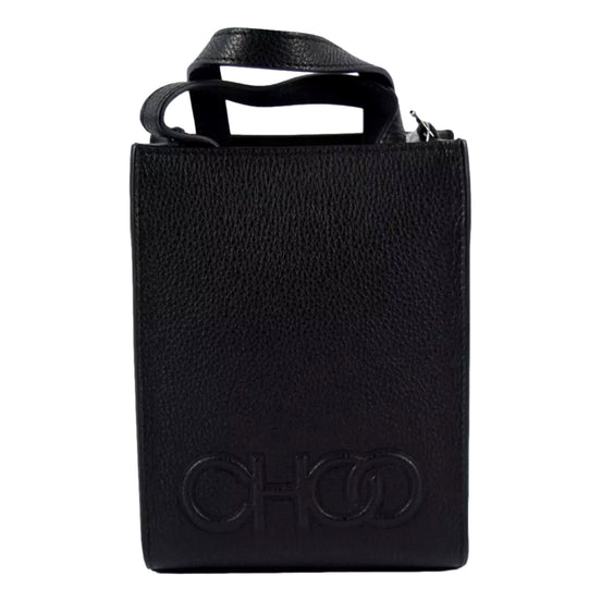 Jimmy Choo Black Leather Mini Shopper Handbag Crossbody Embossed Logo available at Queen Bee of Beverly Hills